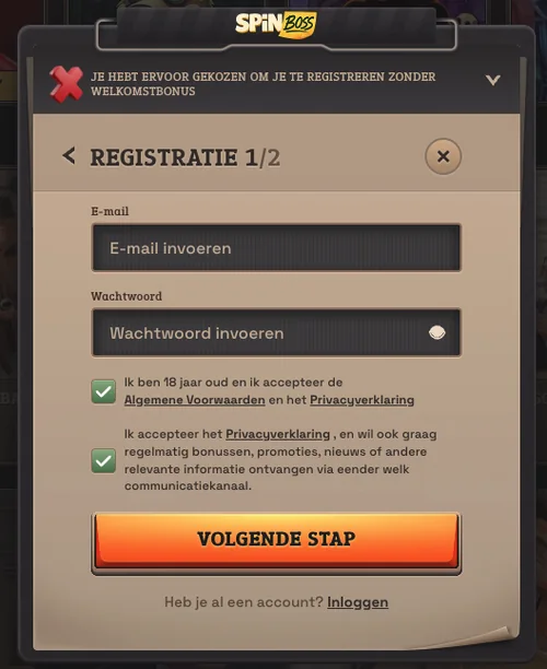 Voorbeeld van de registratie bij Spinboss: e-mail, wachtwoord en toestemmingen.